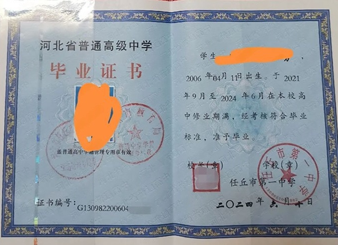 铜仁任丘市第一中学高中毕业证样本图片